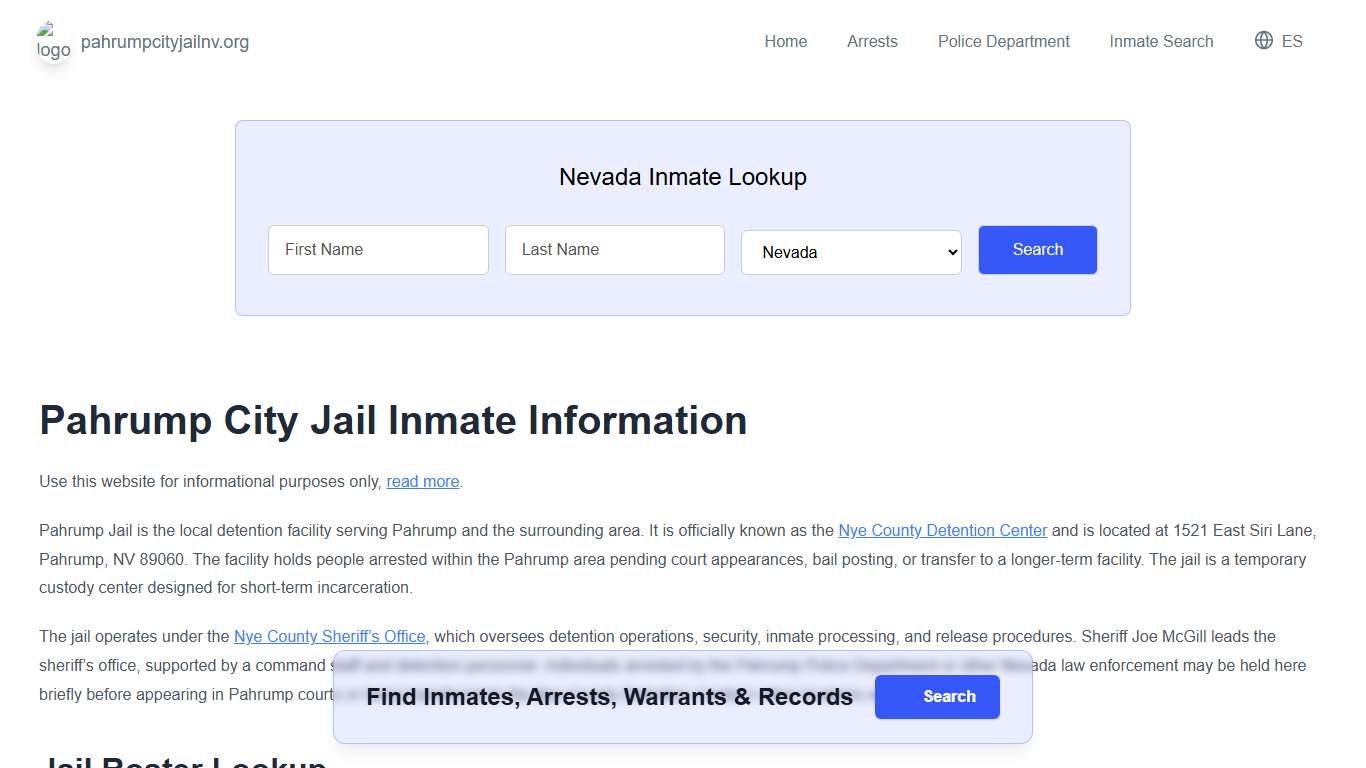 Pahrump Jail, NV Inmate Roster, Municipal Jail Info